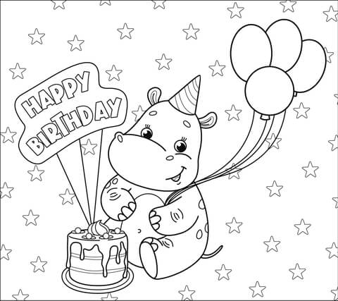 Happy Birthday With Hippo Coloring Page